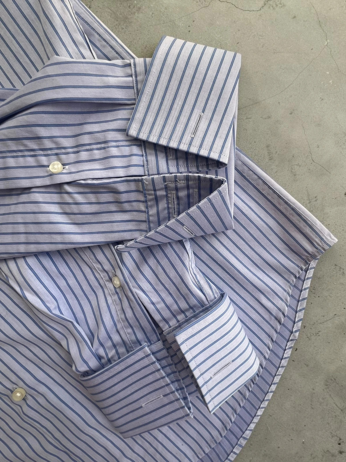 Hugo Boss blue striped formal shirt with cufflink buttons and regular fit.