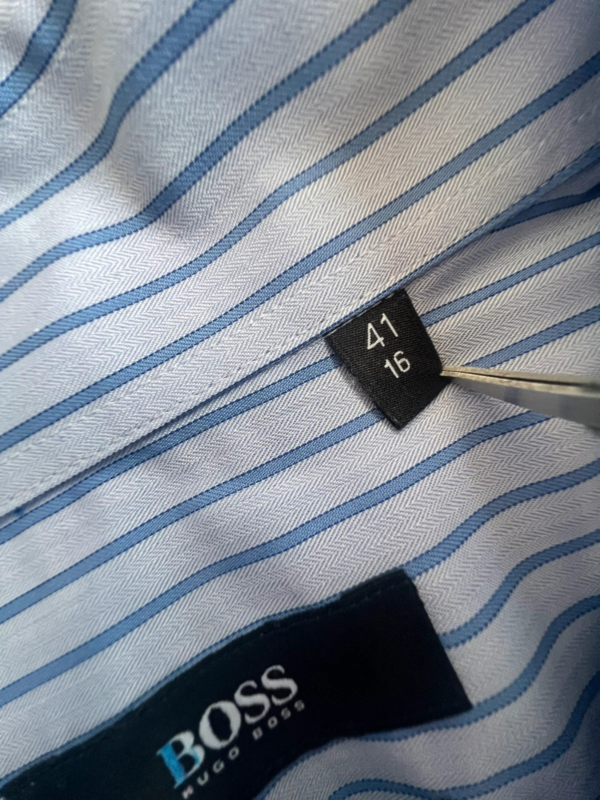 Hugo Boss blue striped formal shirt with cufflink buttons and regular fit.
