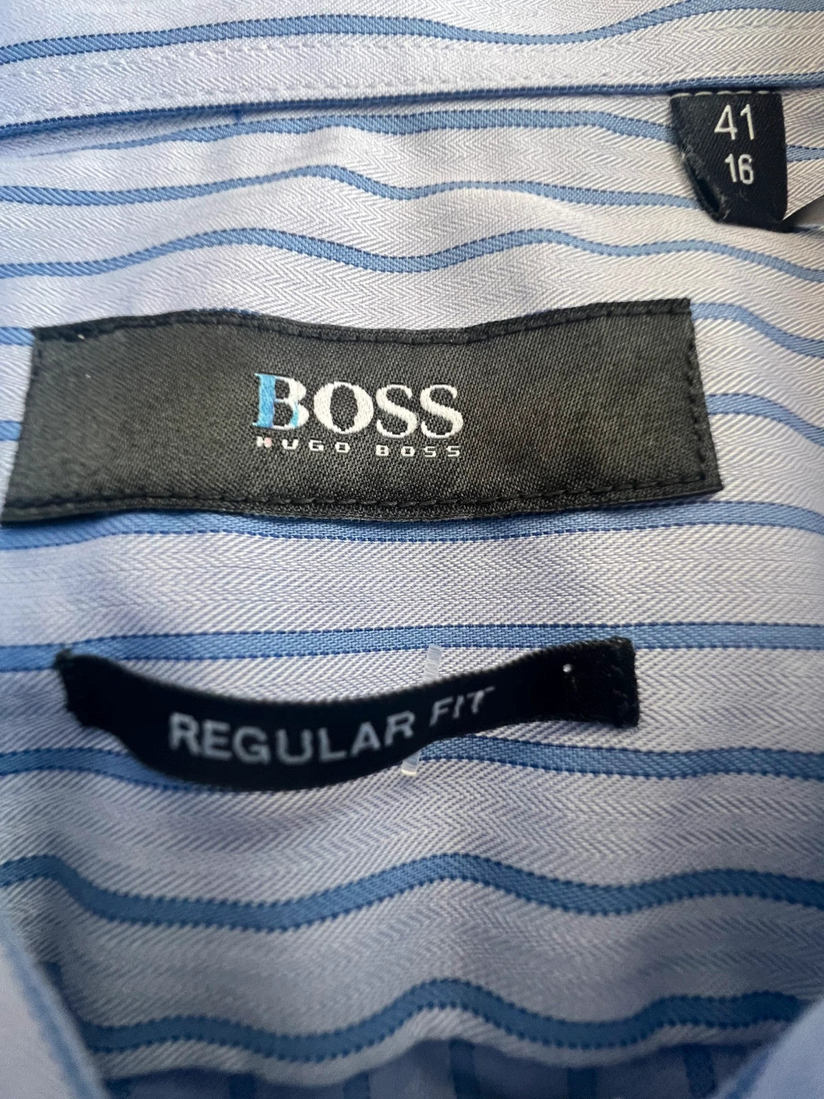 Hugo Boss blue striped formal shirt with cufflink buttons and regular fit.