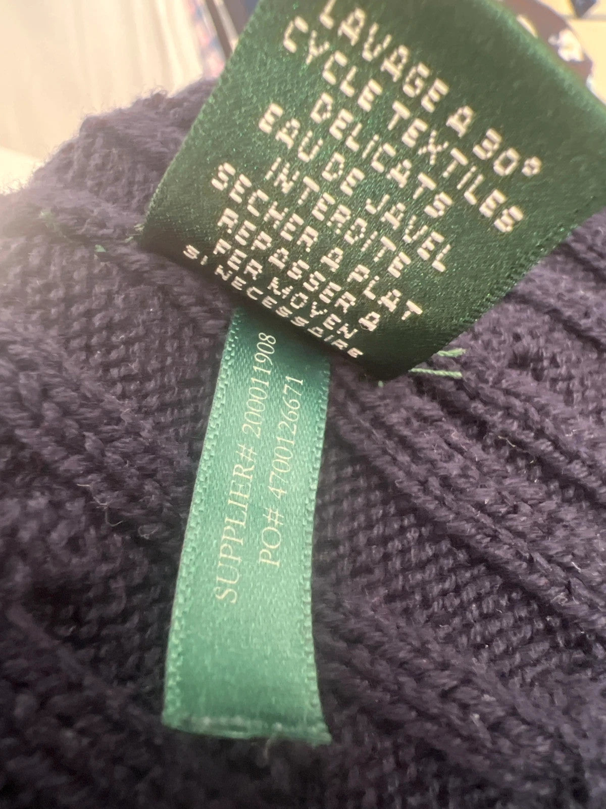 Ralph Lauren navy jumper cable knit with embroidered RL logo and V-neck.