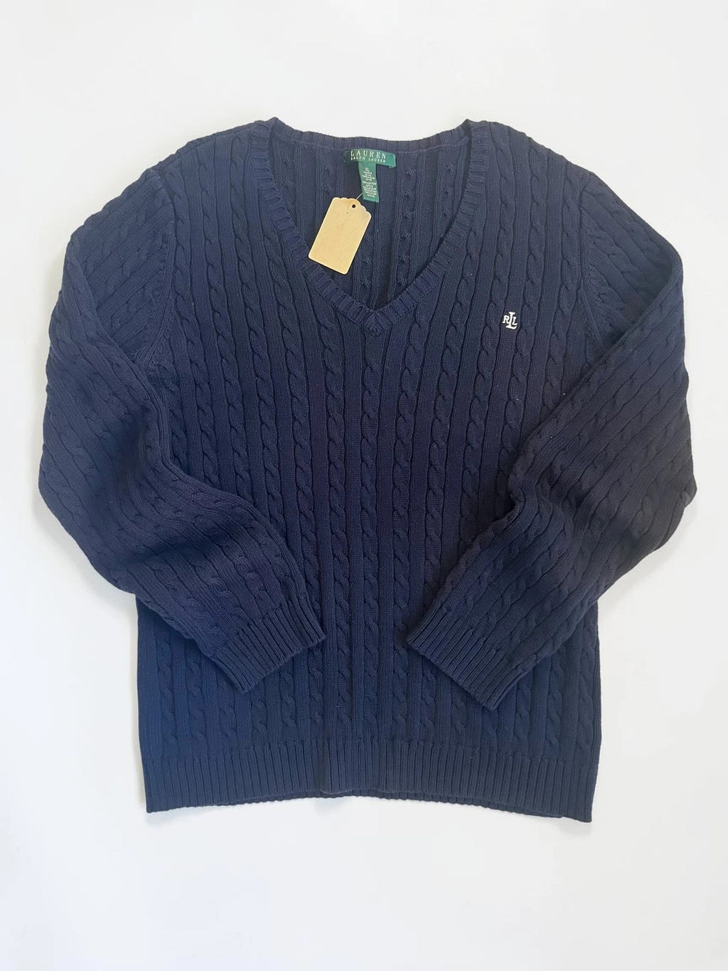 Ralph Lauren navy jumper cable knit with embroidered RL logo and V-neck.