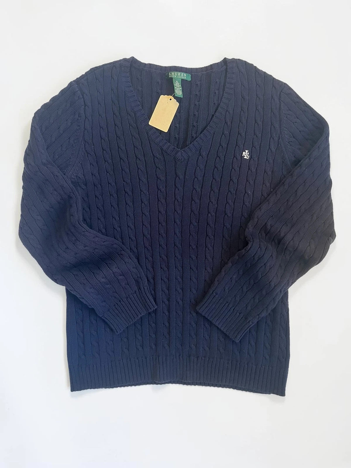 Ralph Lauren navy jumper cable knit with embroidered RL logo and V-neck.