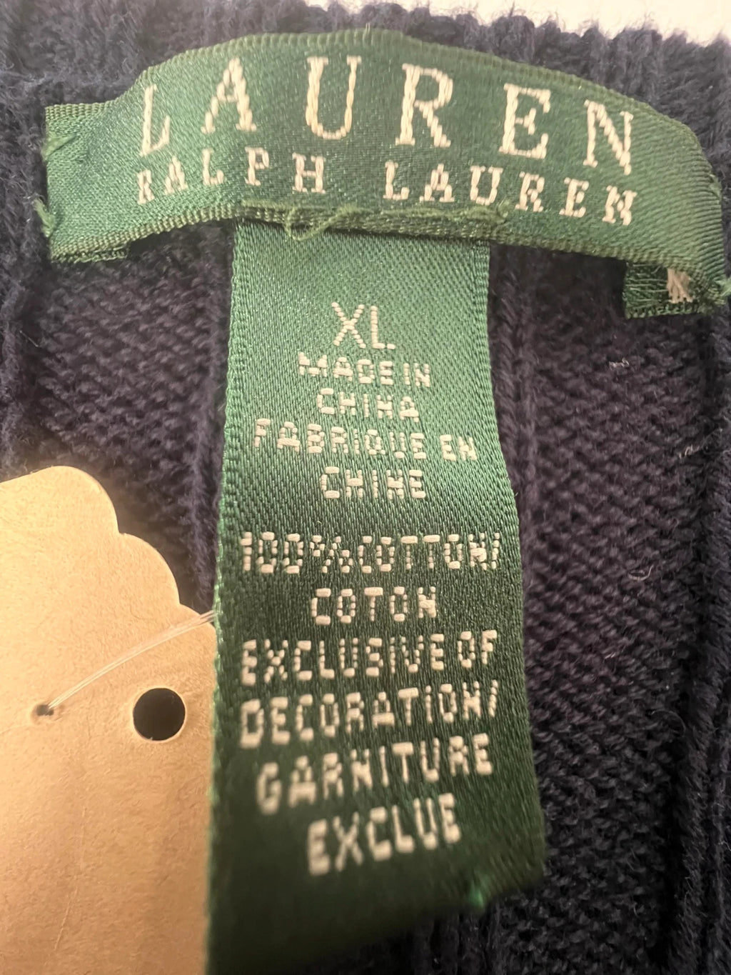 Ralph Lauren navy jumper cable knit with embroidered RL logo and V-neck.