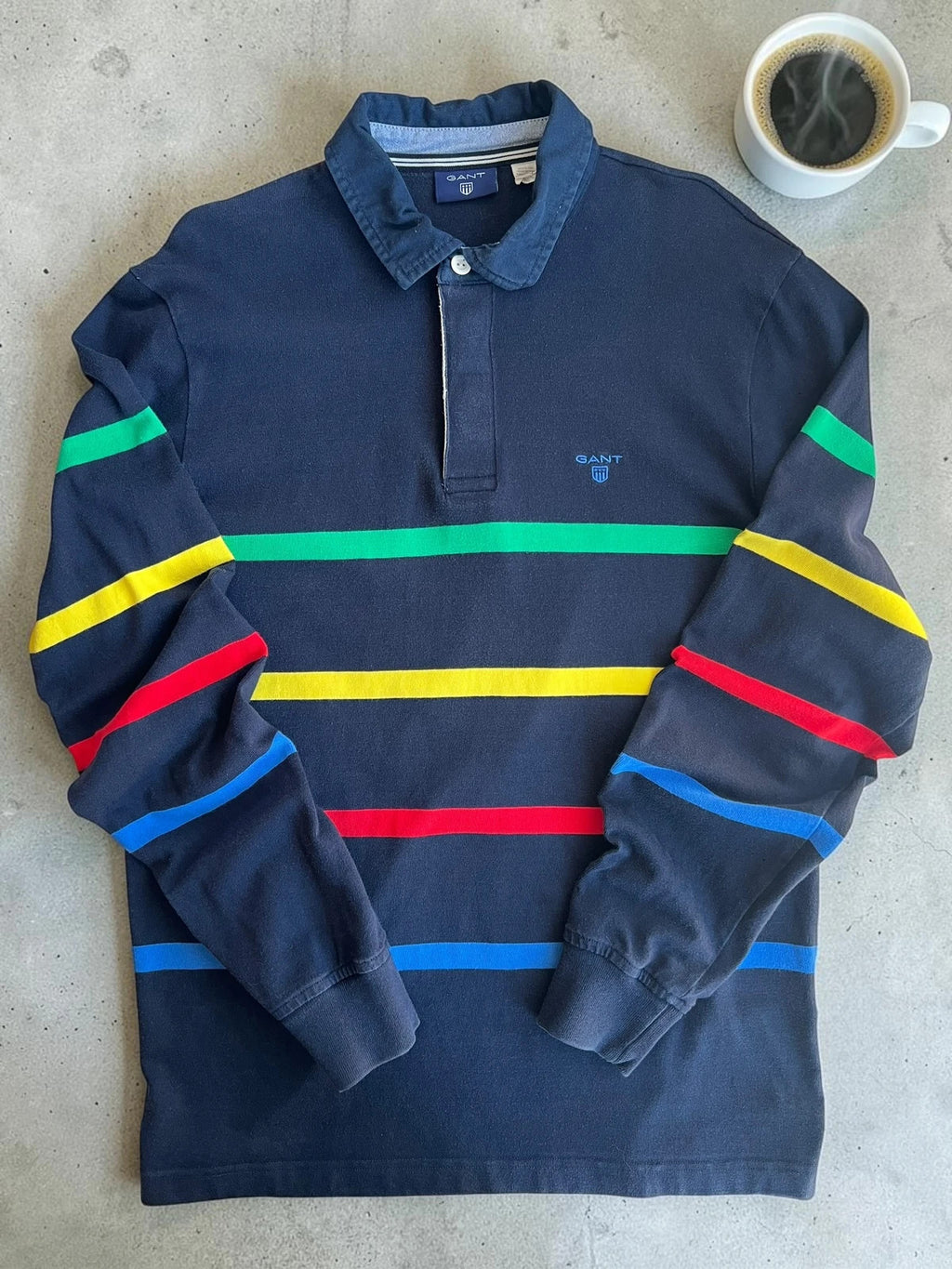 GANT multi-colour rugby polo navy with stripes, thick cotton, long sleeves.