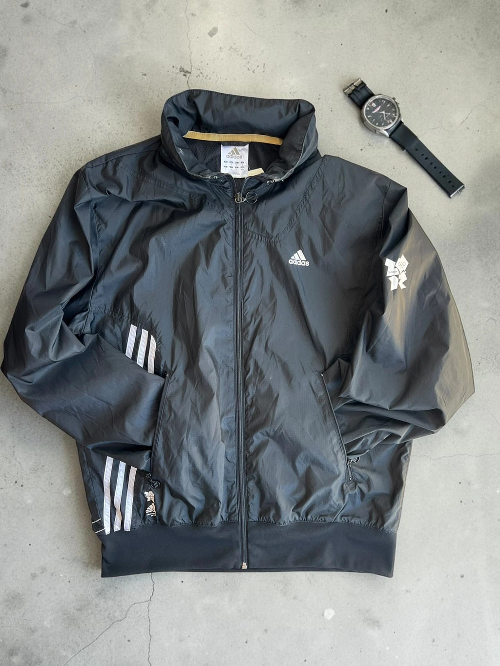 Adidas black bomber jacket reversible London 2012 logo and Olympic detail.
