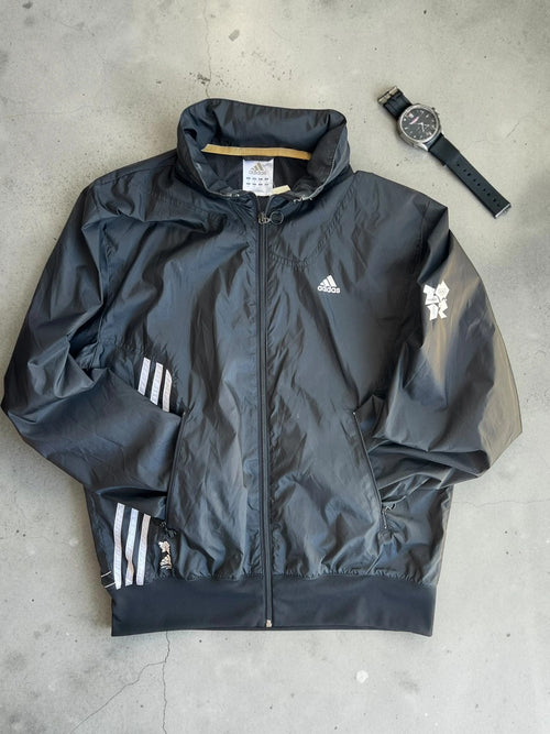 Adidas black bomber jacket reversible London 2012 logo and Olympic detail.