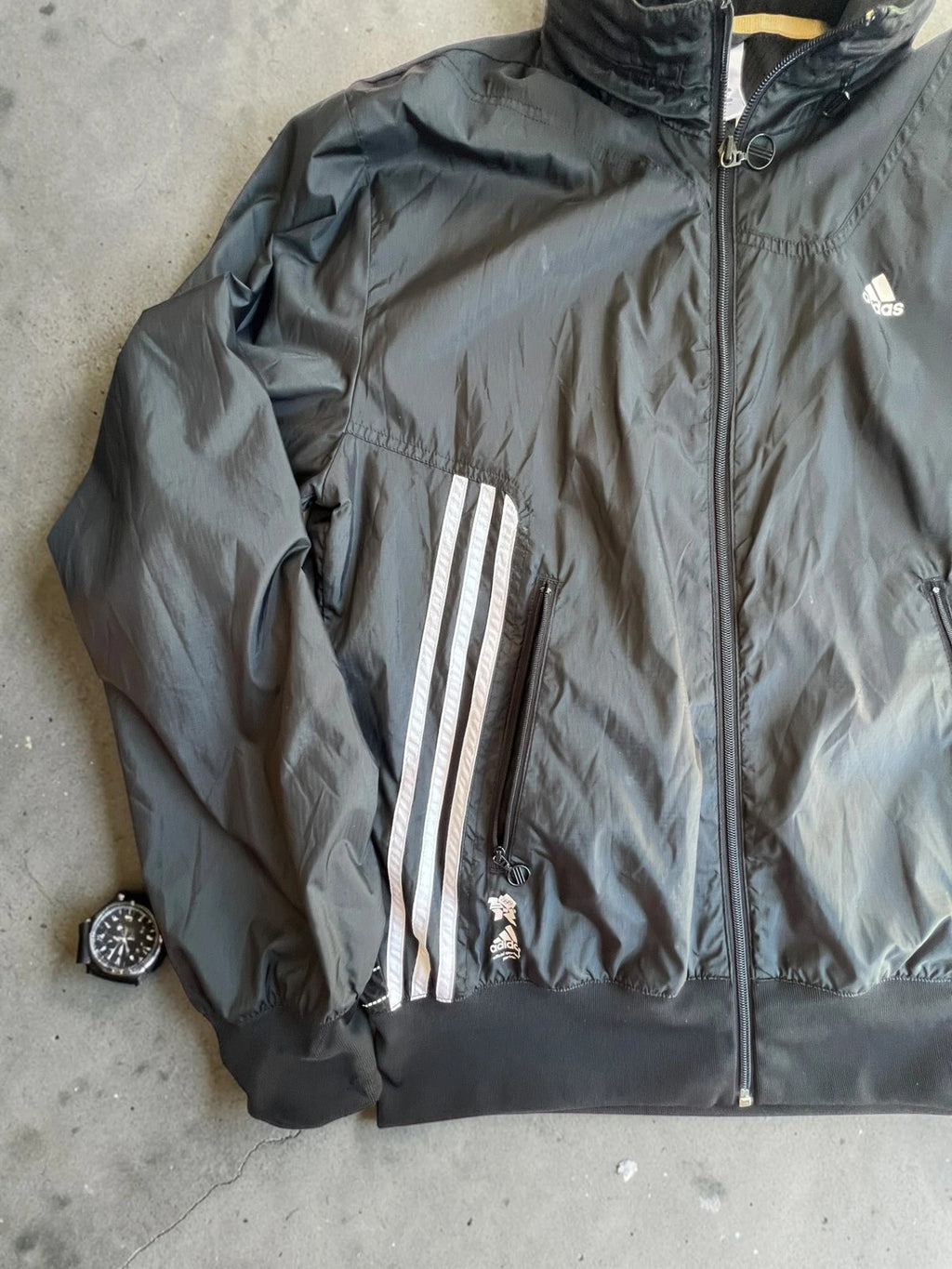 Adidas black bomber jacket reversible London 2012 logo and Olympic detail.
