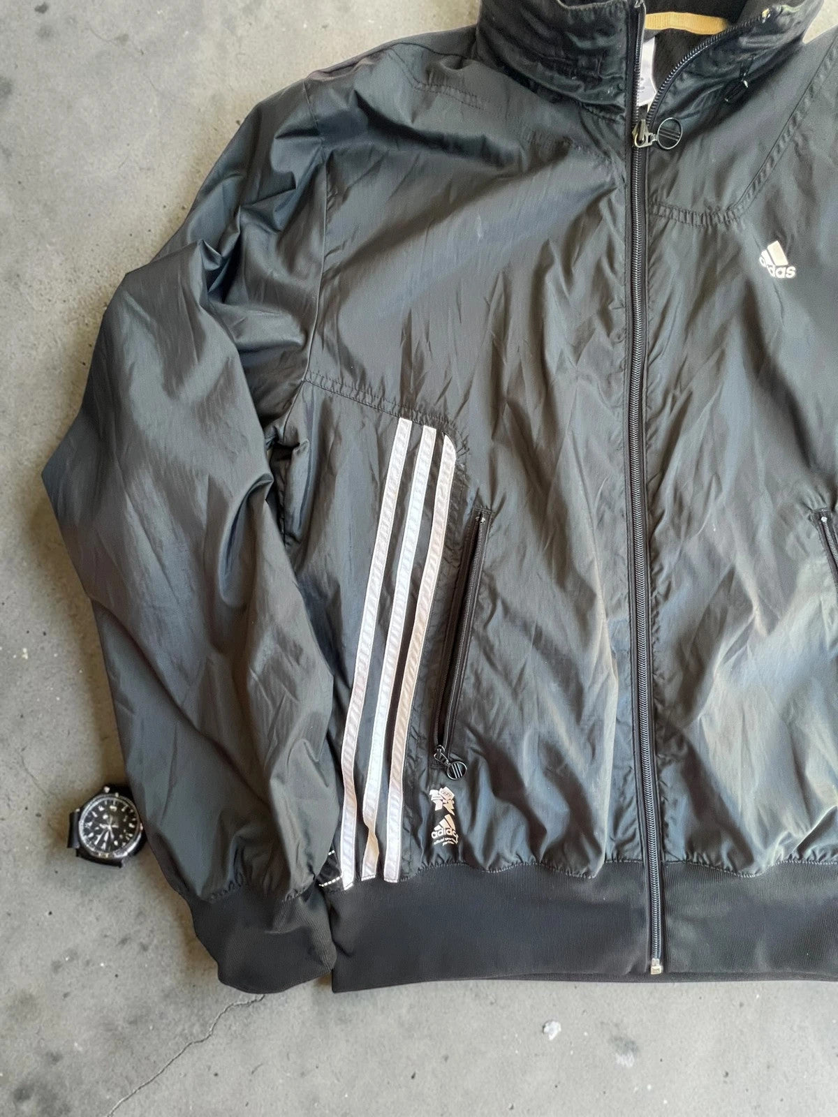 Adidas black bomber jacket reversible London 2012 logo and Olympic detail.