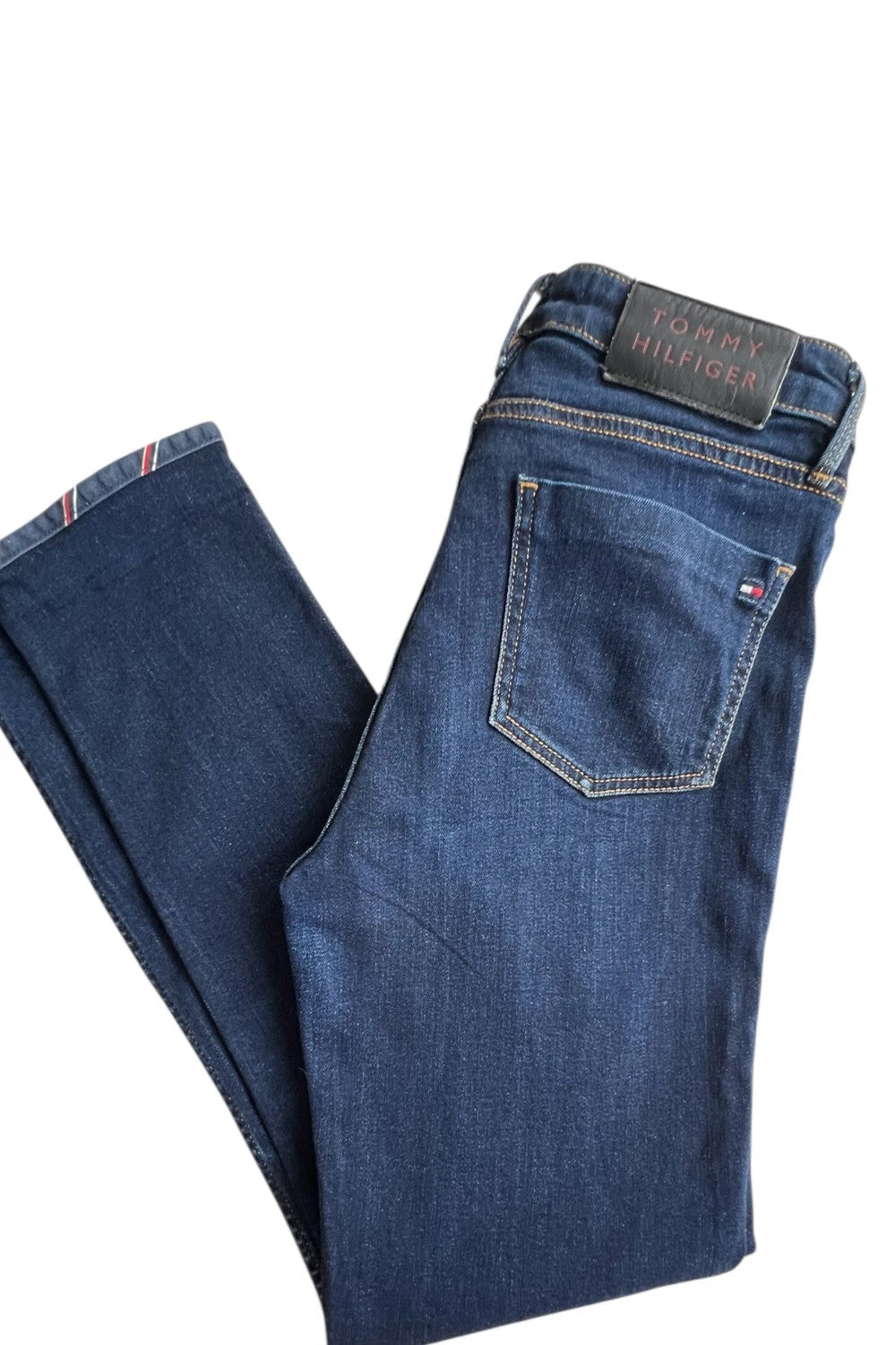 Tommy Hilfiger navy slim tapered jeans, Riverpoint model, elastic denim, casual style.