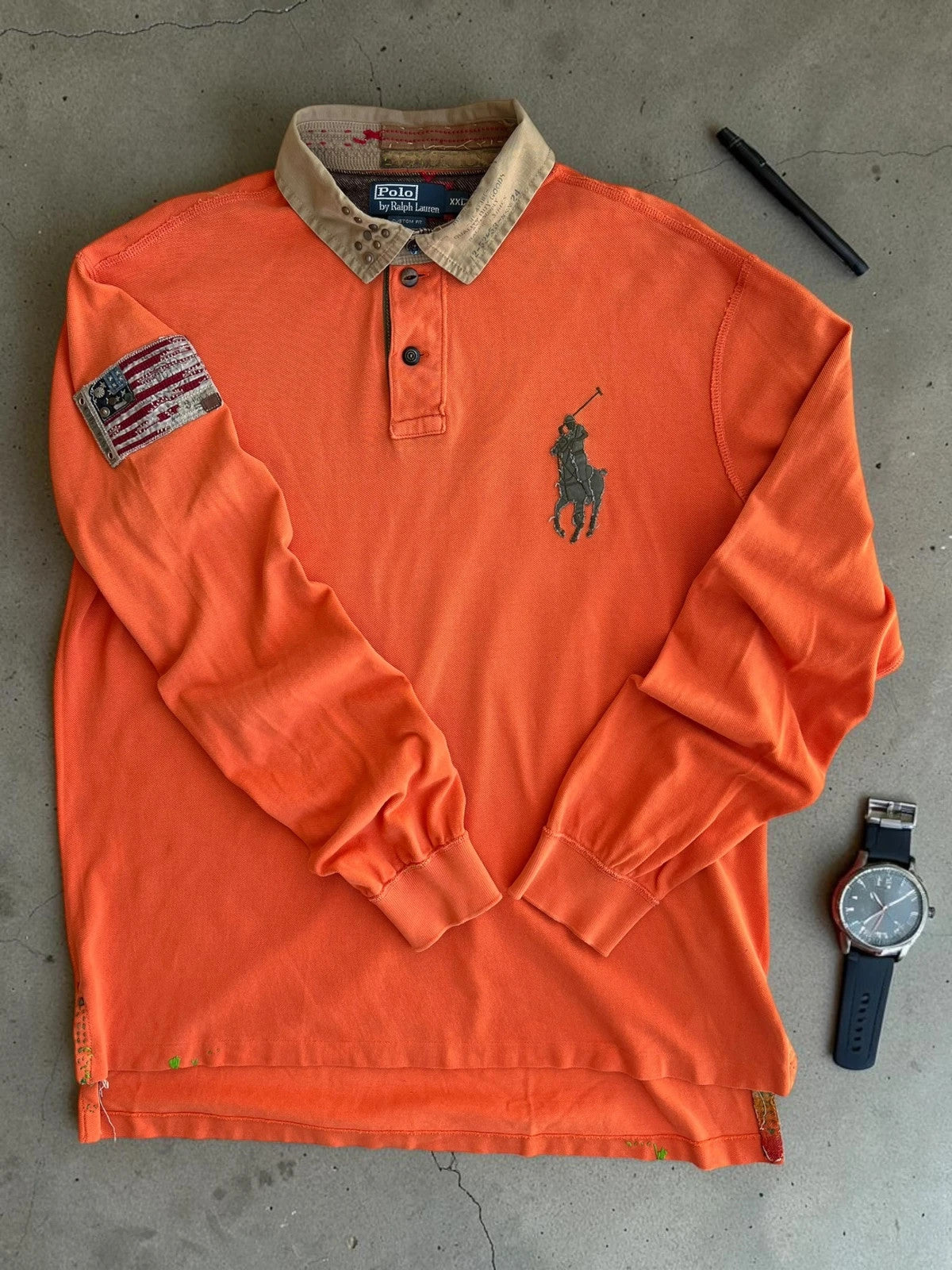 Ralph Lauren orange polo shirt Big Pony embroidery USA patch vintage custom fit XXL