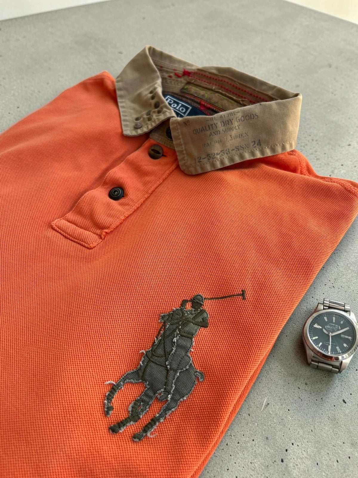 Ralph Lauren orange polo shirt Big Pony embroidery USA patch vintage custom fit XXL