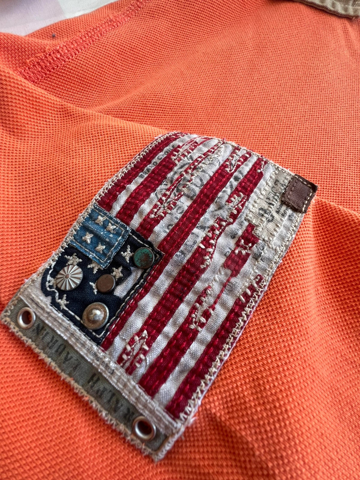 Ralph Lauren orange polo shirt Big Pony embroidery USA patch vintage custom fit XXL