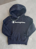 Champion black hoodie large spell out logo front, kangaroo pocket, fleece interior.