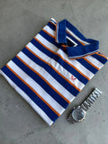 CCC men's polo shirt blue and white striped with orange accents, 100% cotton.