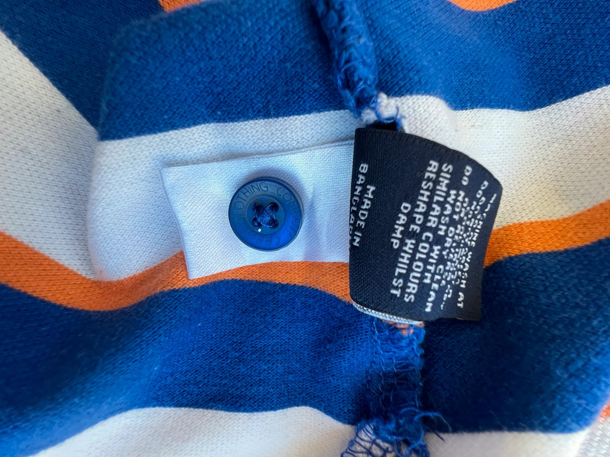 CCC men's polo shirt blue and white striped with orange accents, 100% cotton.