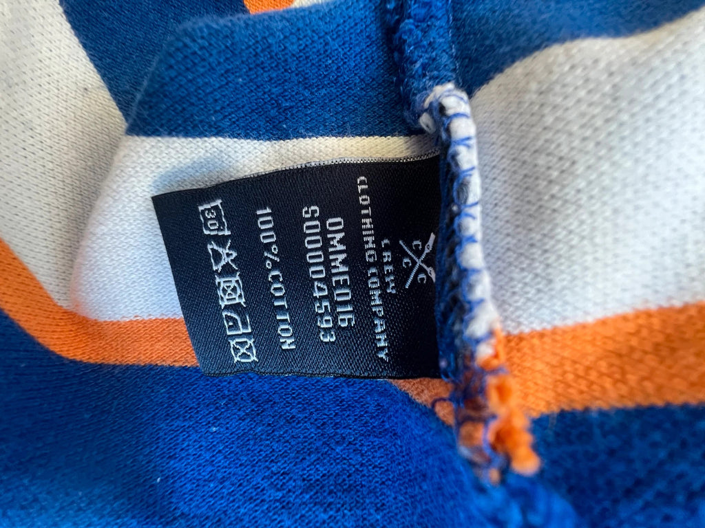 CCC men's polo shirt blue and white striped with orange accents, 100% cotton.
