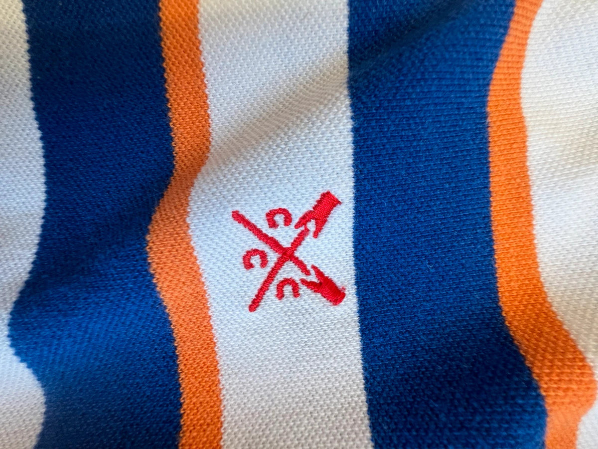 CCC men's polo shirt blue and white striped with orange accents, 100% cotton.
