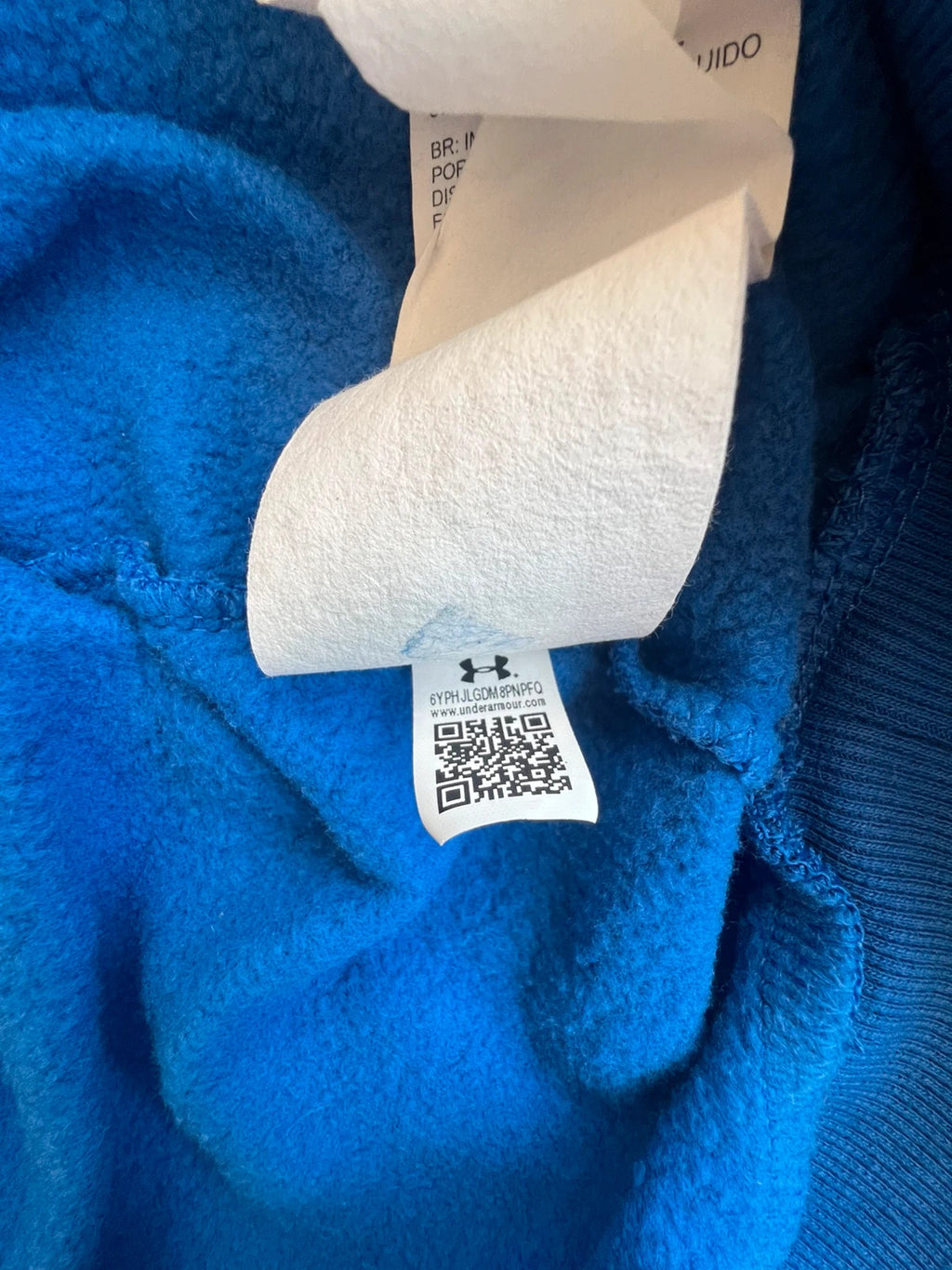 Under Armour blue fleece sweatshirt with embroidered logo, size S, casual gym wear.