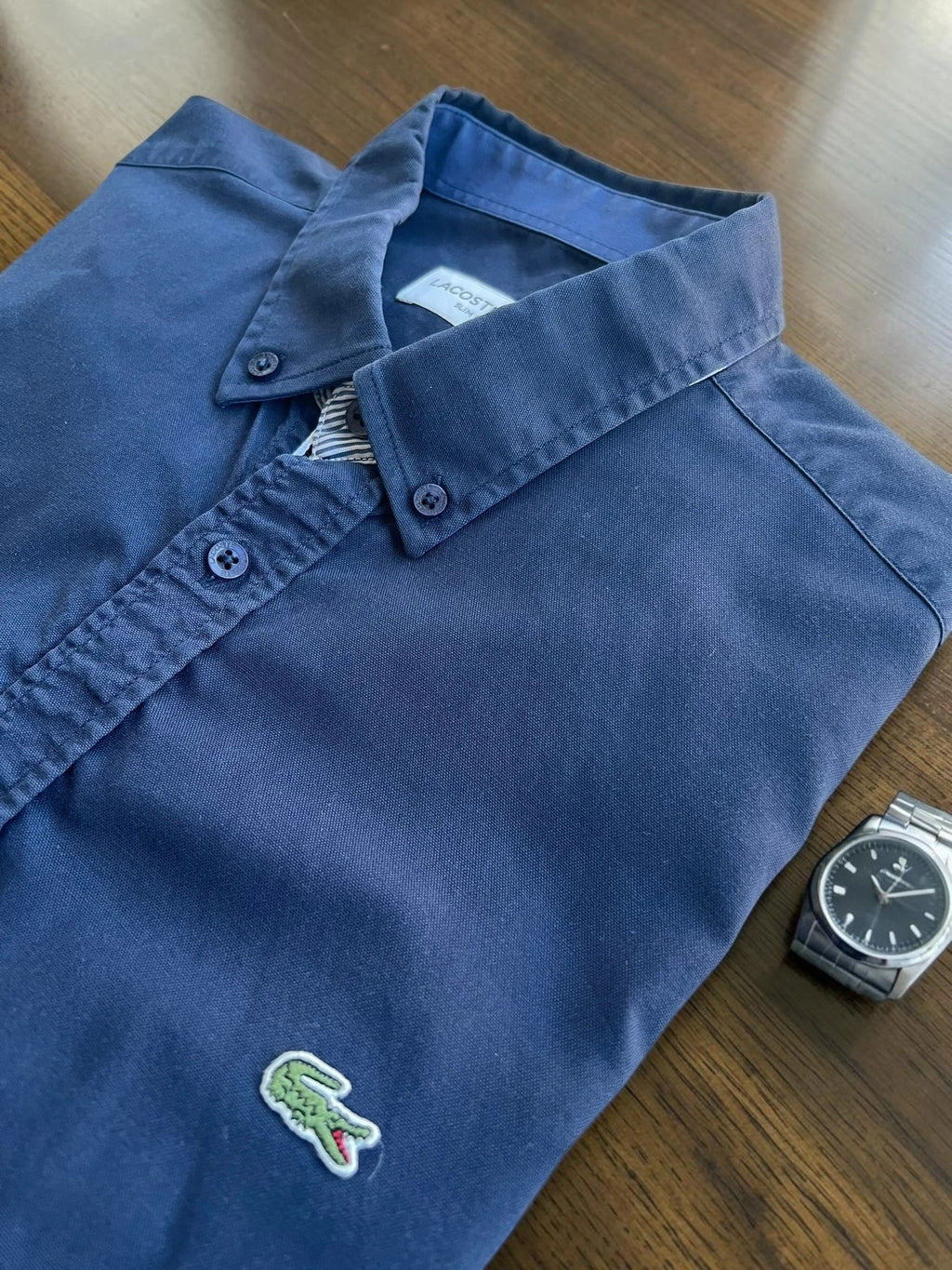 Lacoste navy button-down shirt slim fit embroidered crocodile logo 100% cotton.