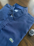 Lacoste navy button-down shirt slim fit embroidered crocodile logo 100% cotton.