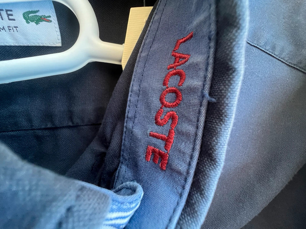 Lacoste navy button-down shirt slim fit embroidered crocodile logo 100% cotton.