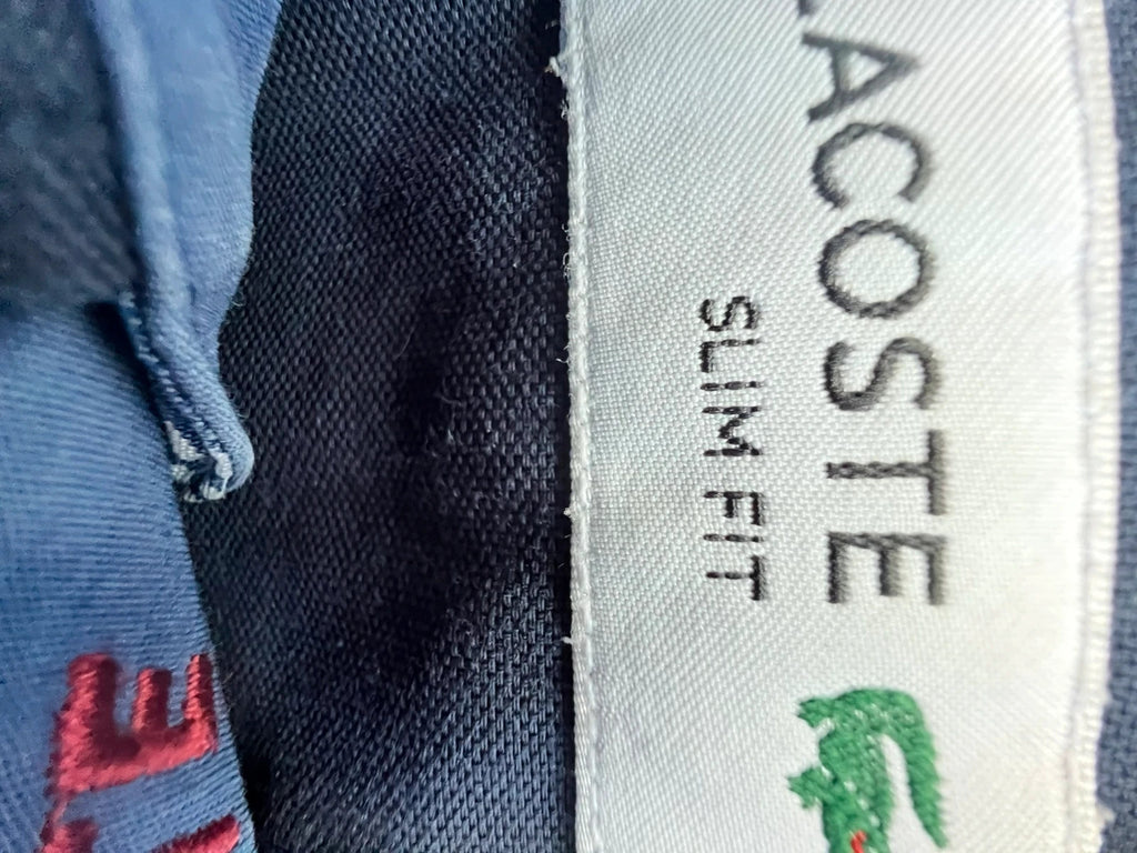 Lacoste navy button-down shirt slim fit embroidered crocodile logo 100% cotton.