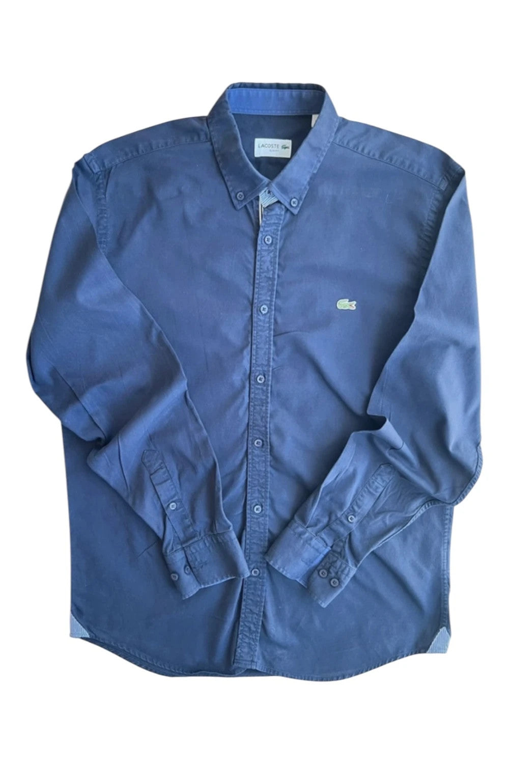 Lacoste navy button-down shirt slim fit embroidered crocodile logo 100% cotton.