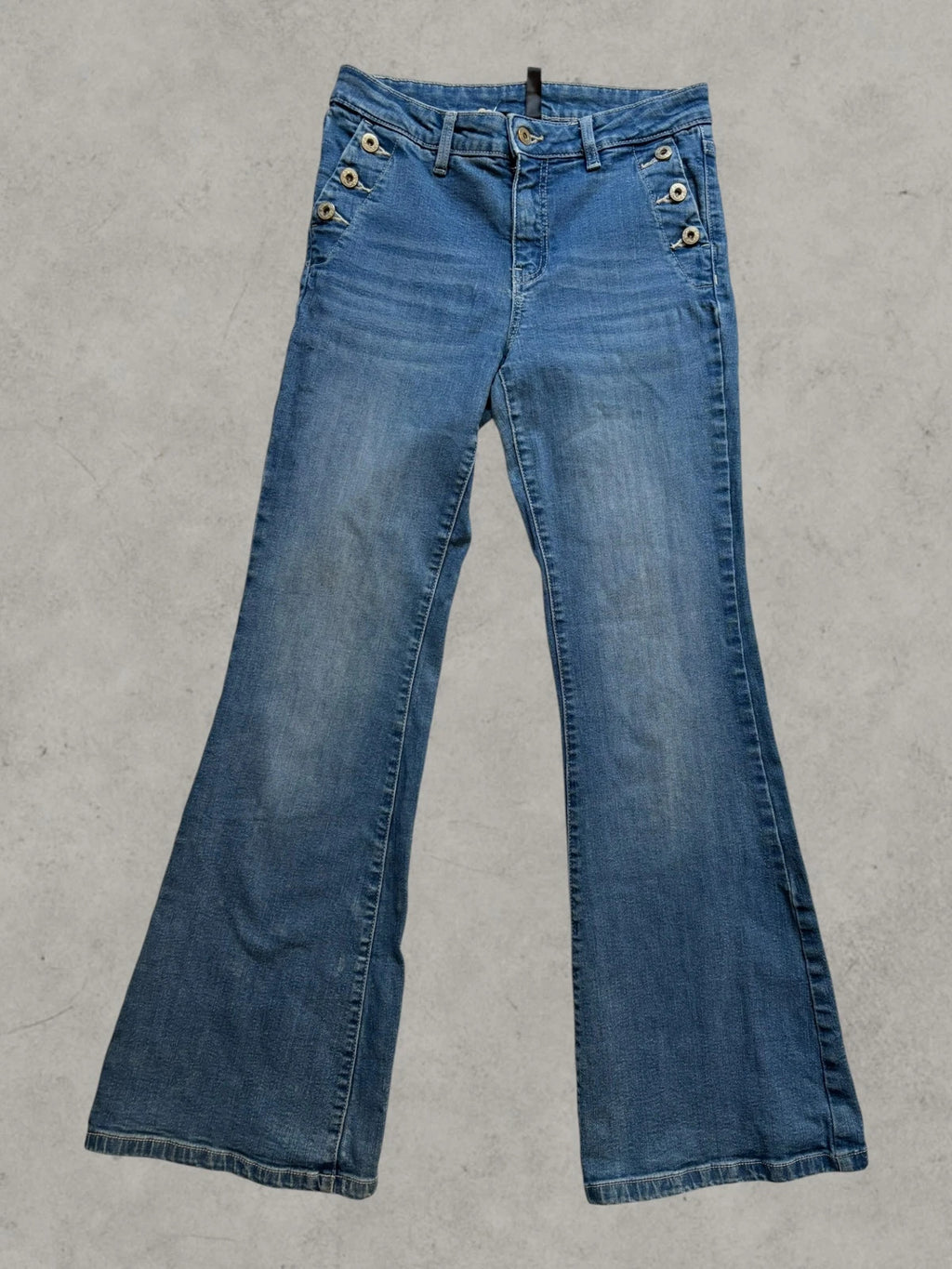 Rainbow blue straight jeans Y2K flare bootcut with decorative front buttons.