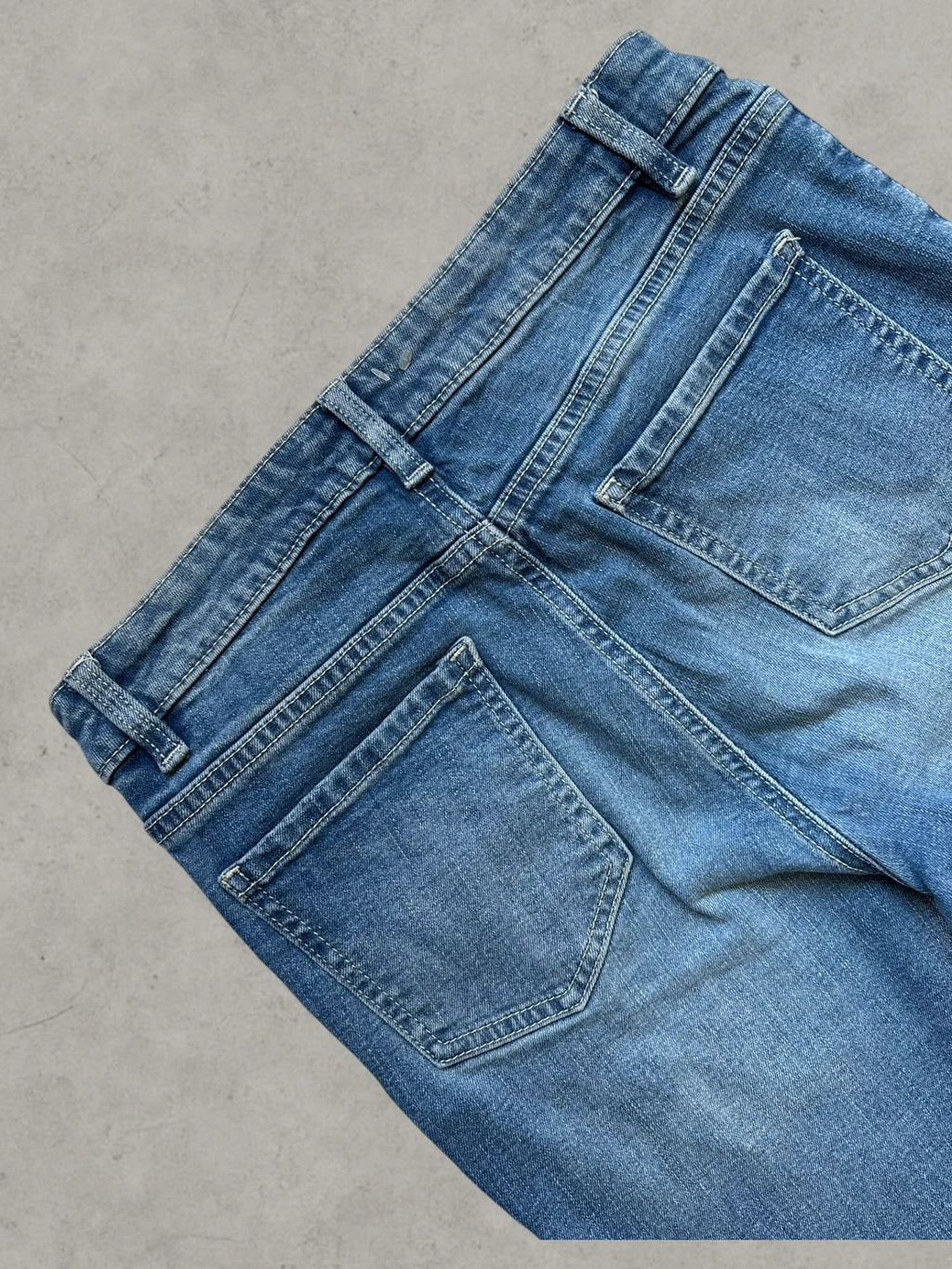 Rainbow blue straight jeans Y2K flare bootcut with decorative front buttons.