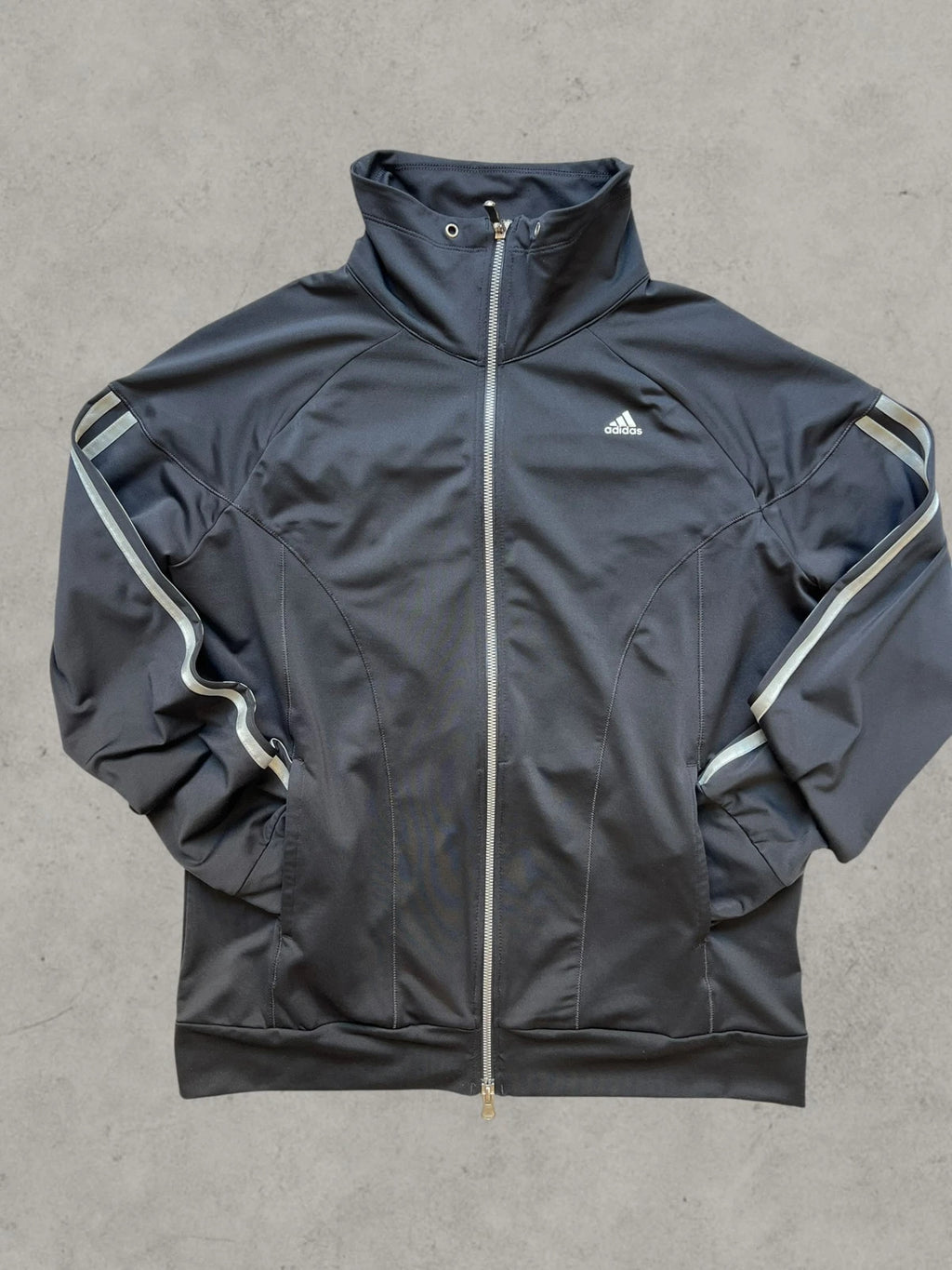 Adidas black sports jacket ClimaCool with reflective details and high collar, size XL.