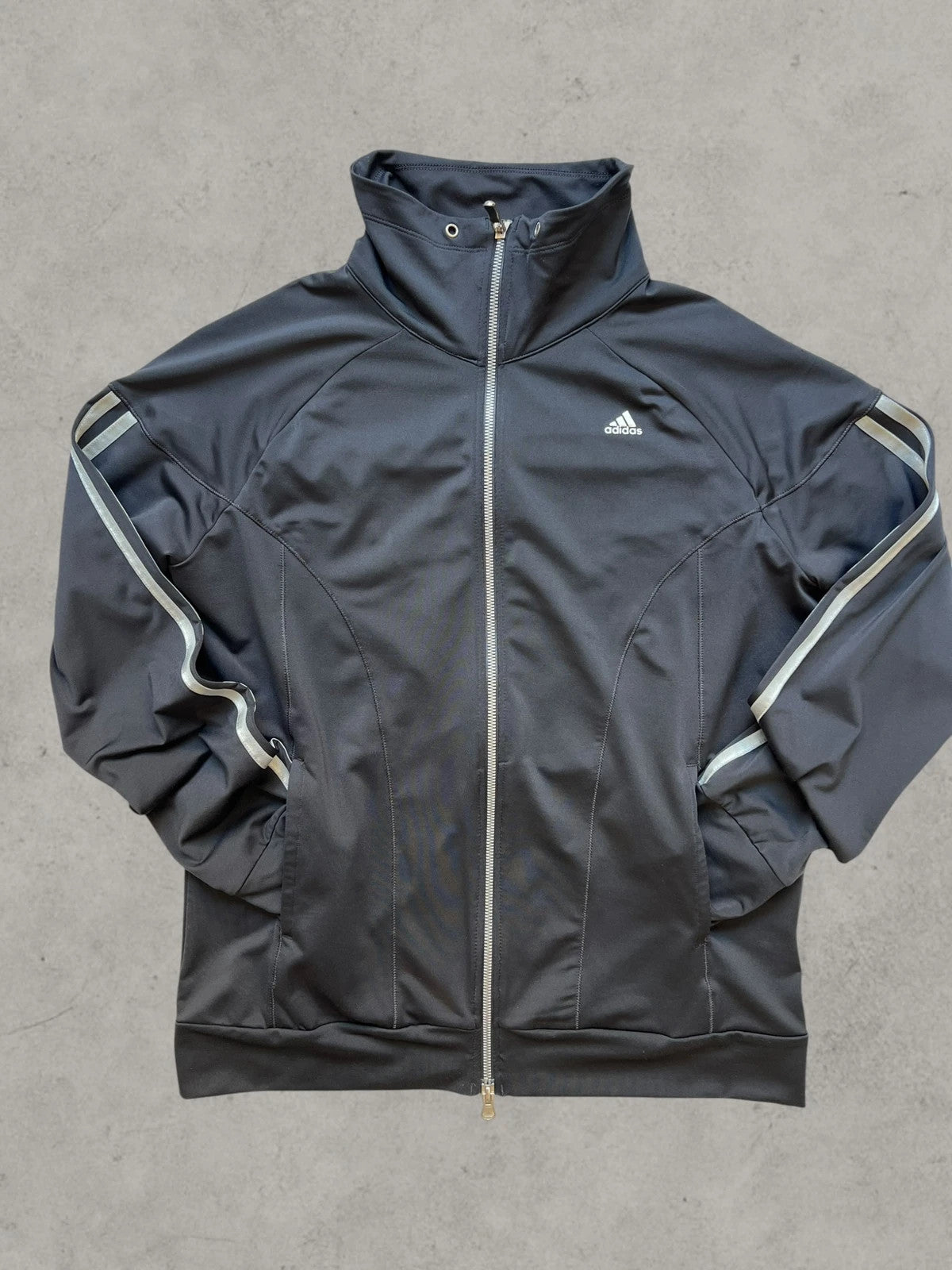 Adidas black sports jacket ClimaCool with reflective details and high collar, size XL.