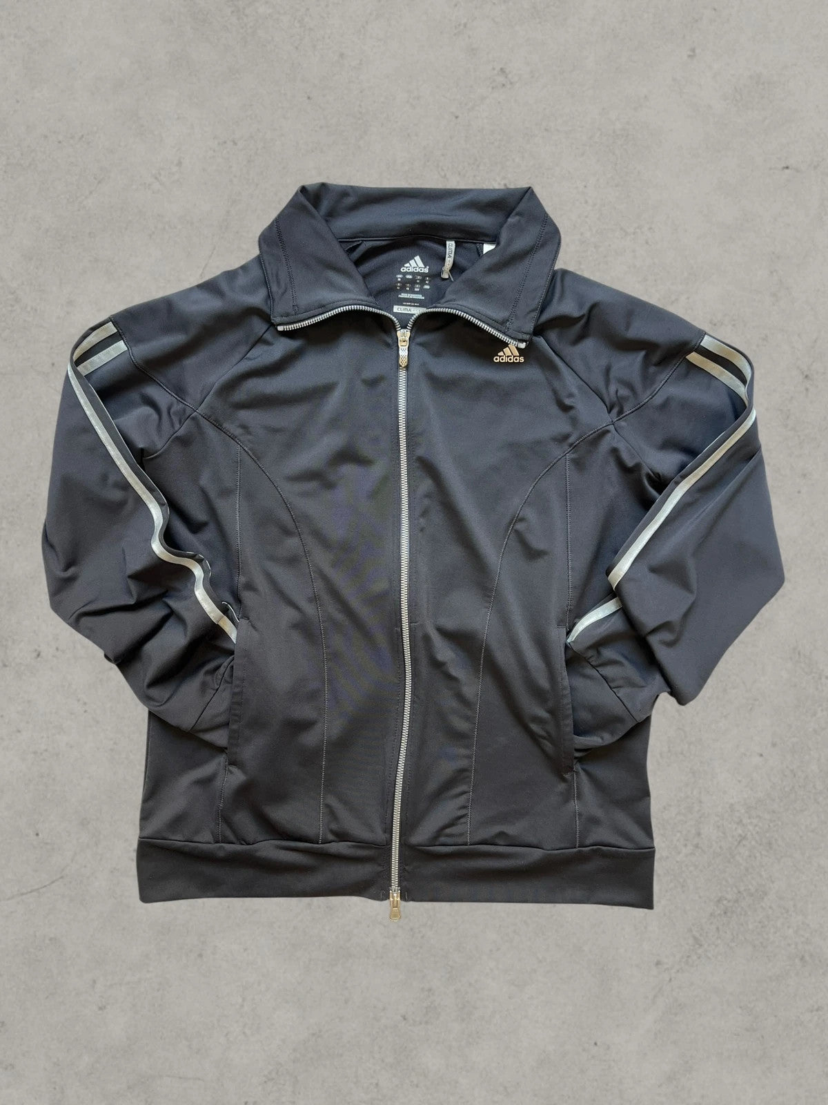 Adidas black sports jacket ClimaCool with reflective details and high collar, size XL.
