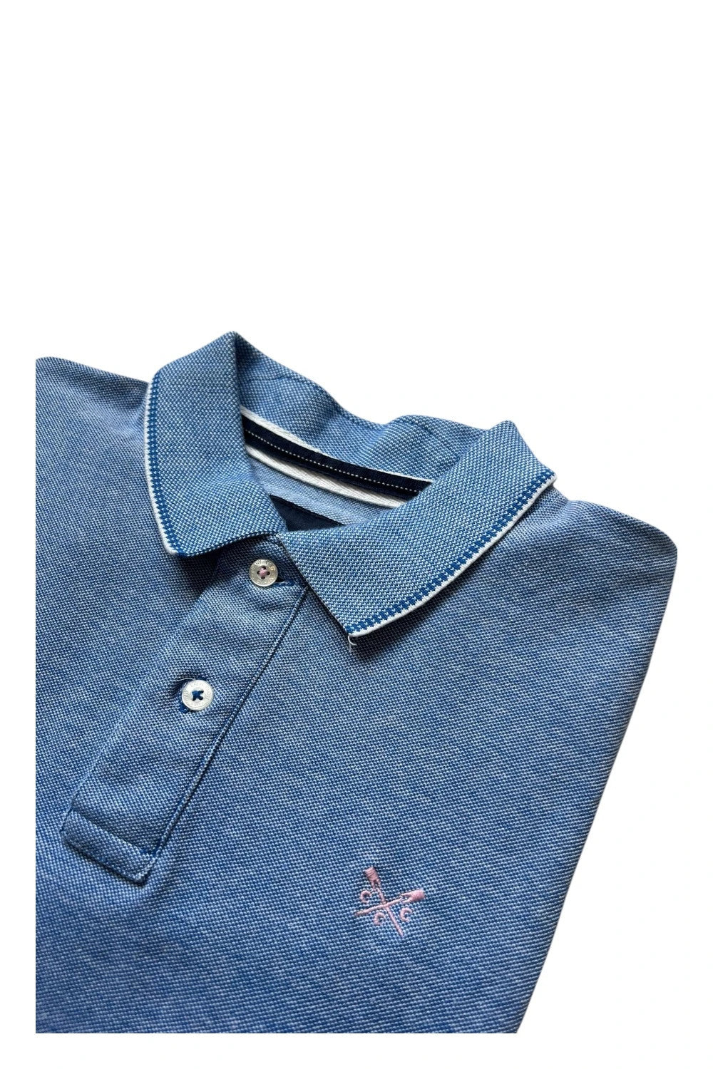 Crew Clothing Company blue polo shirt with embroidered logo and classic piqué fabric.