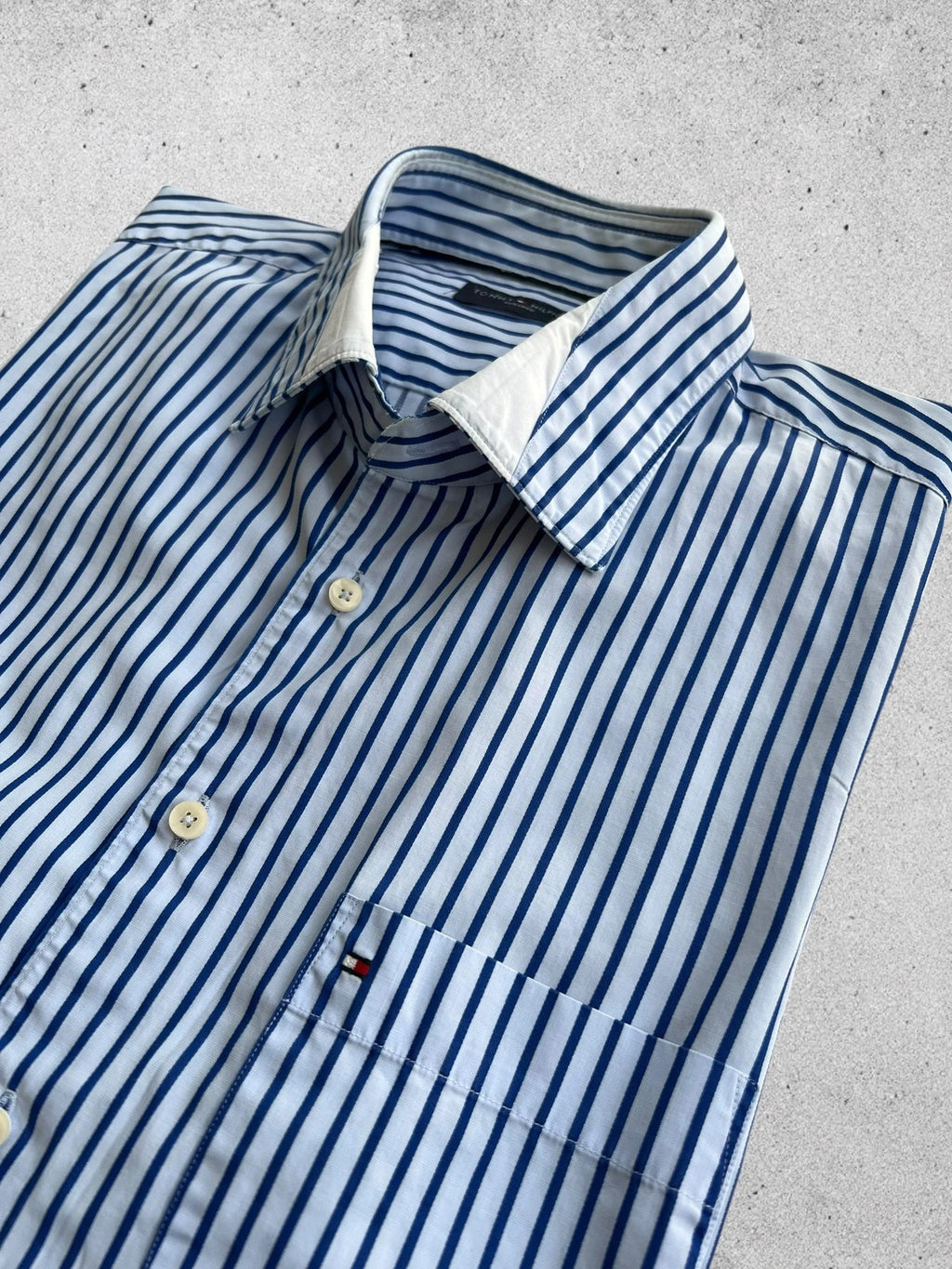 Tommy Hilfiger striped shirt blue and white cotton with embroidered logo and chest pocket.