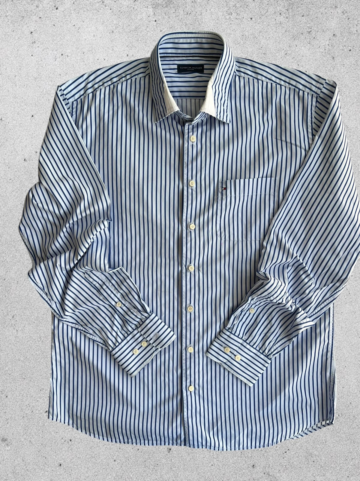 Tommy Hilfiger striped shirt blue and white cotton with embroidered logo and chest pocket.