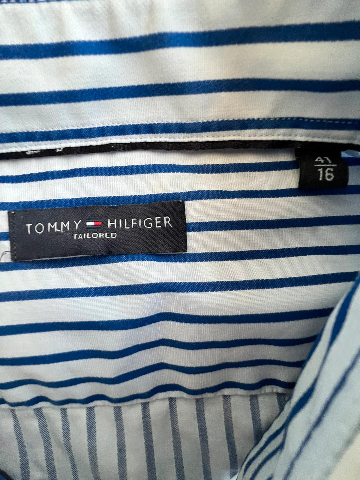 Tommy Hilfiger striped shirt blue and white cotton with embroidered logo and chest pocket.