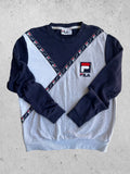 Fila navy sweatshirt with embroidered logo and side branding tapes, 90s retro style.