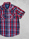 Terranova men's short sleeve shirt red and blue check pattern with front pockets.