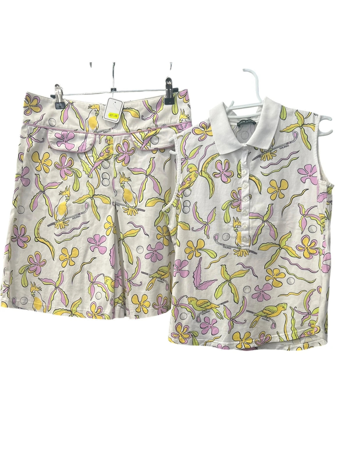 GOLFINO multi shorts and sleeveless polo, floral and bird print, cotton blend.