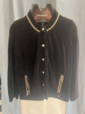 Sonia Rykiel black velvet cardigan with gold details, polo collar and metallic button closure.