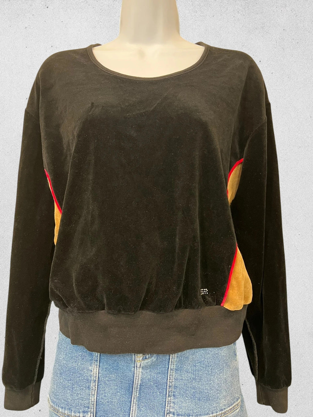 Sonia Rykiel black velour sweatshirt with beige side panels and red piping, rhinestone detail.