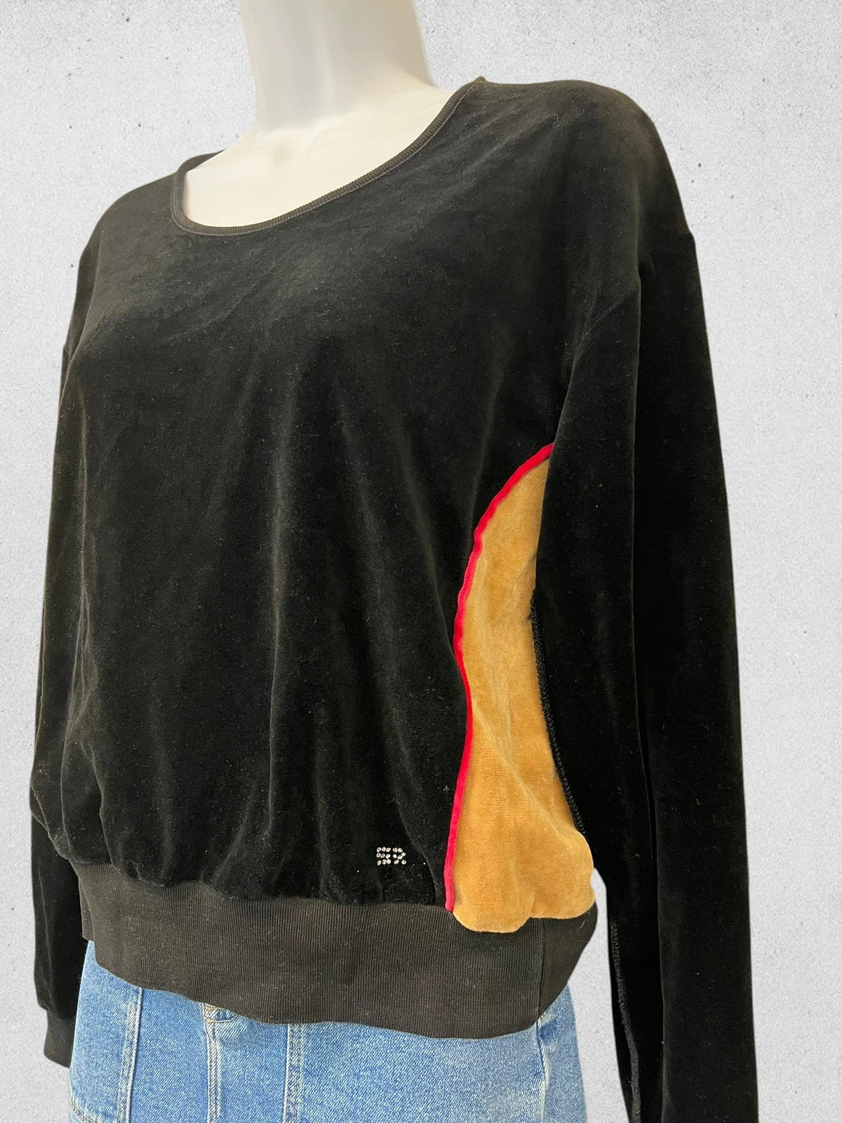 Sonia Rykiel black velour sweatshirt with beige side panels and red piping, rhinestone detail.