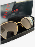 Ralph Lauren Cat Eye sunglasses brown lenses gold and brown frame with logo details.