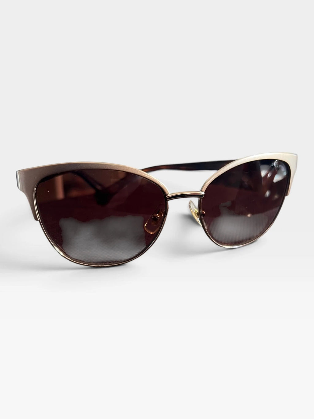 Ralph Lauren Cat Eye sunglasses brown lenses gold and brown frame with logo details.
