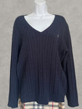 Lauren Ralph Lauren Cable Knit Cotton Sweater Navy Blue XL – Jersey de Punto Trenzado con Cuello Pico | Pull Femme