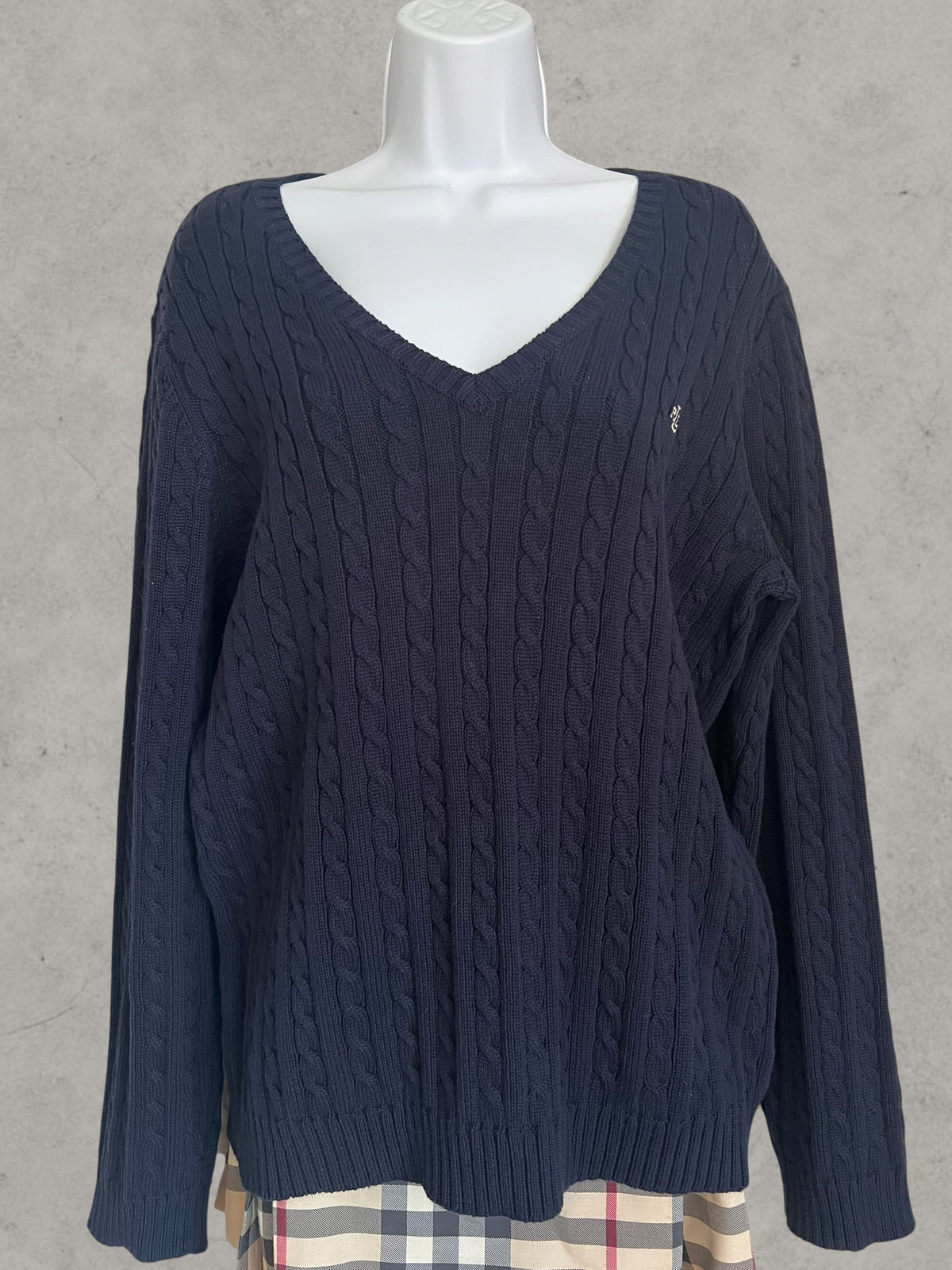 Lauren Ralph Lauren Cable Knit Cotton Sweater Navy Blue XL – Jersey de Punto Trenzado con Cuello Pico | Pull Femme
