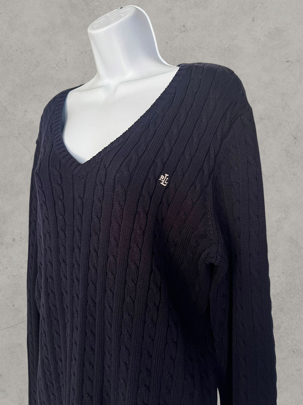 Lauren Ralph Lauren Cable Knit Cotton Sweater Navy Blue XL – Jersey de Punto Trenzado con Cuello Pico | Pull Femme