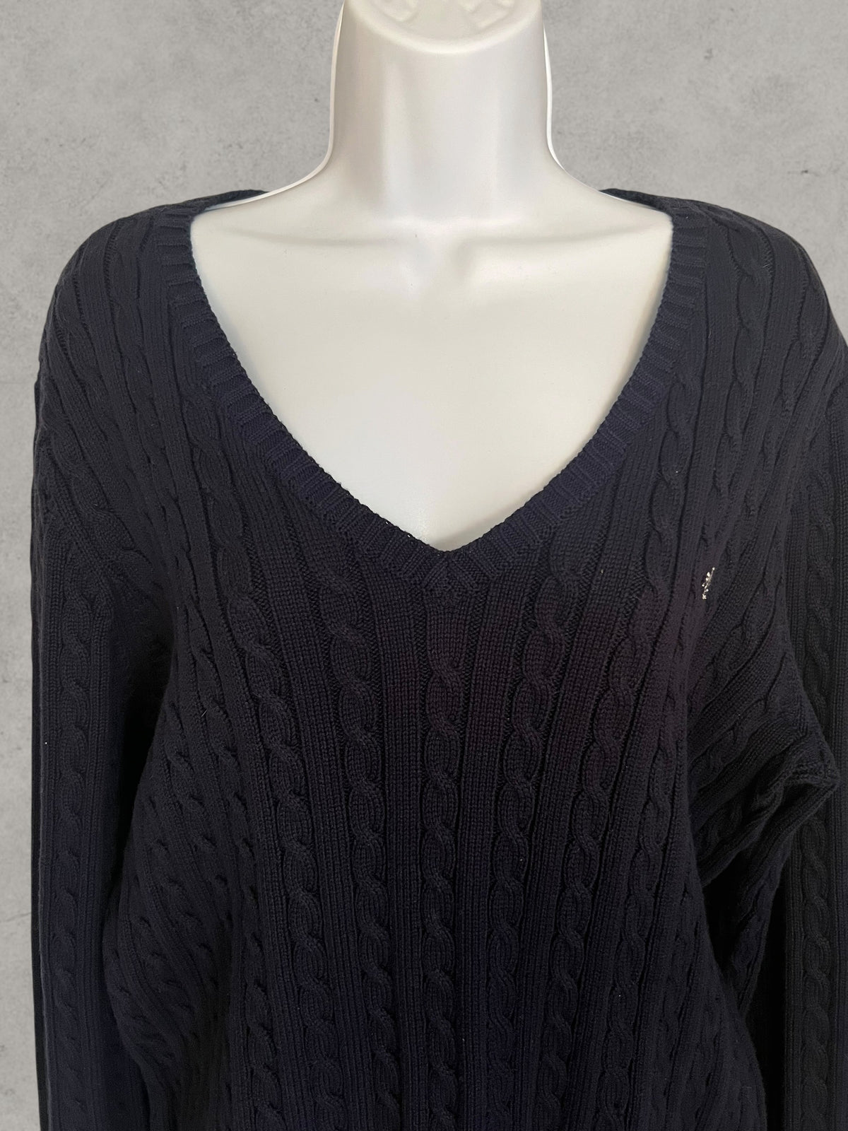 Lauren Ralph Lauren Cable Knit Cotton Sweater Navy Blue XL – Jersey de Punto Trenzado con Cuello Pico | Pull Femme