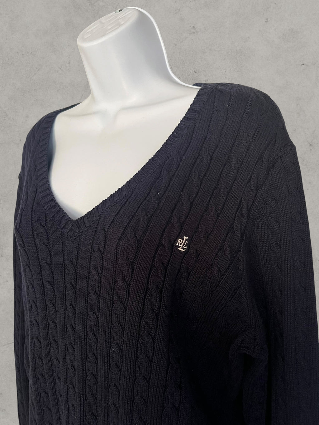 Lauren Ralph Lauren Cable Knit Cotton Sweater Navy Blue XL – Jersey de Punto Trenzado con Cuello Pico | Pull Femme