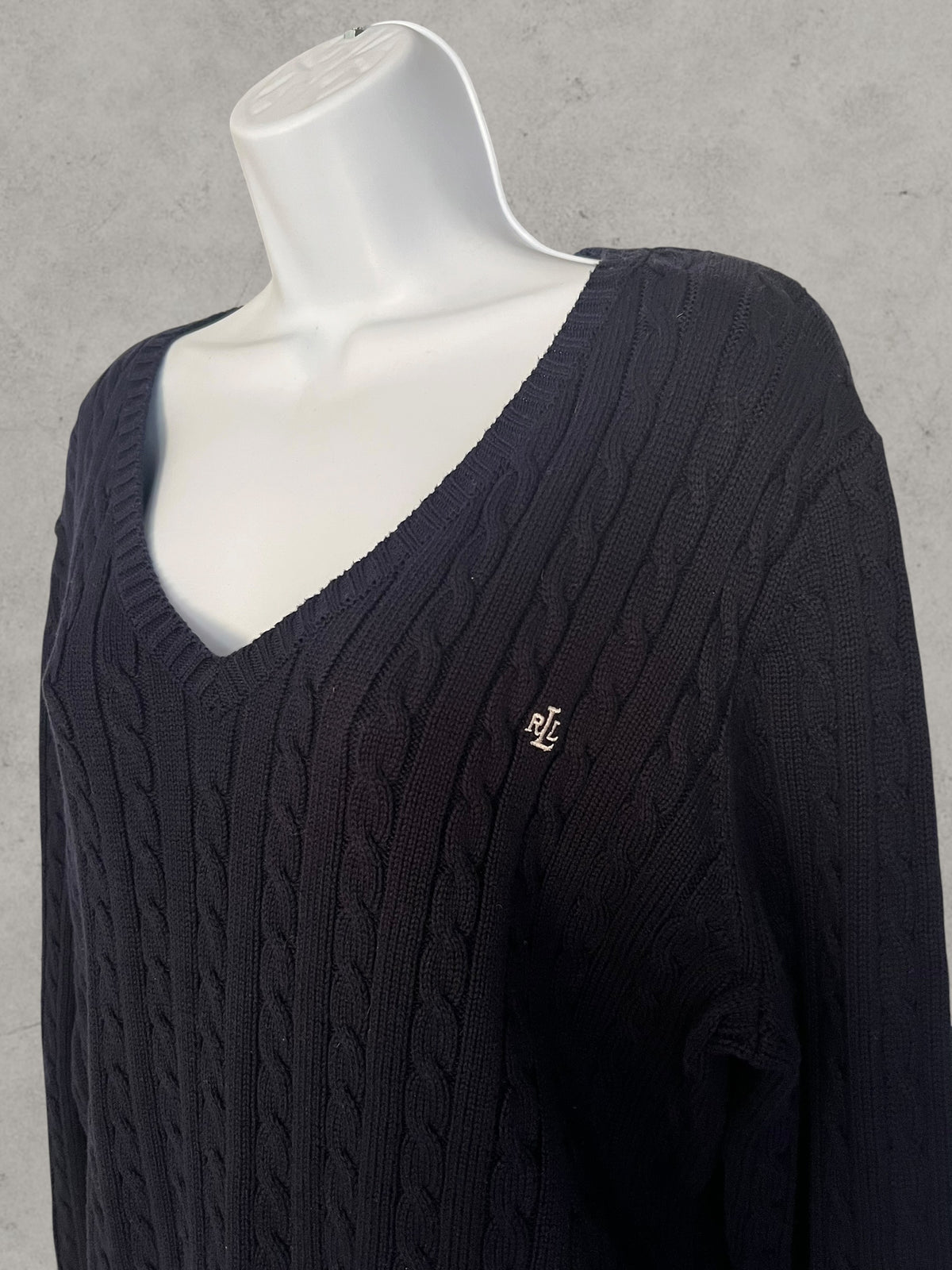 Lauren Ralph Lauren Cable Knit Cotton Sweater Navy Blue XL – Jersey de Punto Trenzado con Cuello Pico | Pull Femme